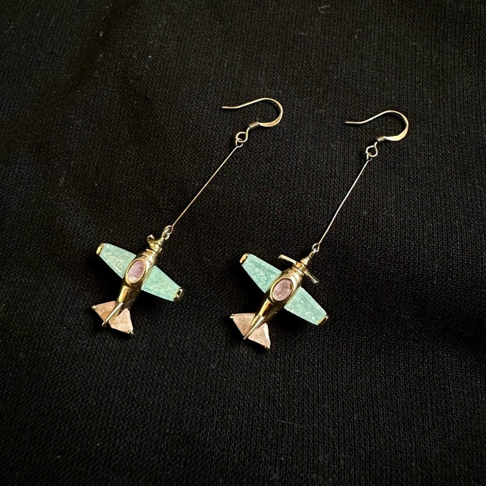 Mint and Pink Crystal Airplane Earrings Super Cute